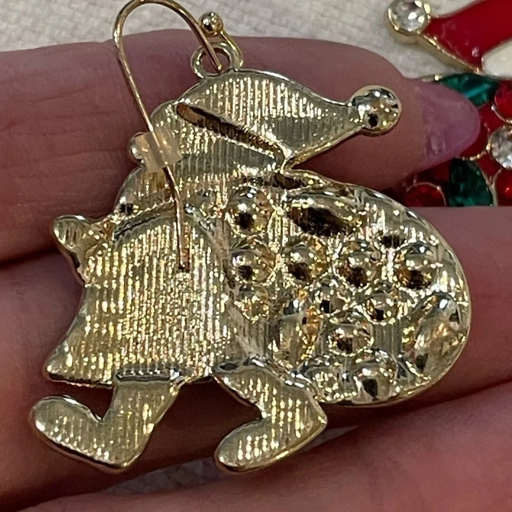 💐5/25 Santa enamel colorful silvertone Christmas earrings rhinestone gift bag